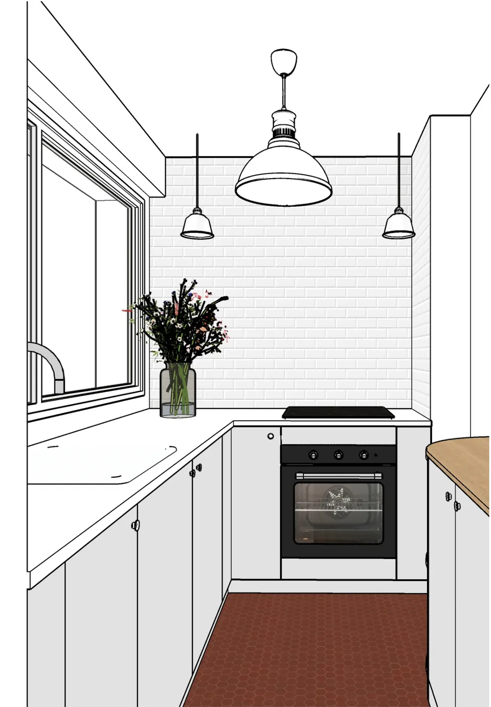 Studio Madame : architecte d’intérieur, Paris et Montmorency
Projet réalisé à Montmorency.
Dessin 3D de l’appartement (vue sur la cuisine) qui permet de visualiser son agencement et les détails qui le composent. La cuisine est accessible par un passage sous une verrière. La cuisine est composée de meubles gris clair, d’une faïence métro et d’un sol en tomettes.