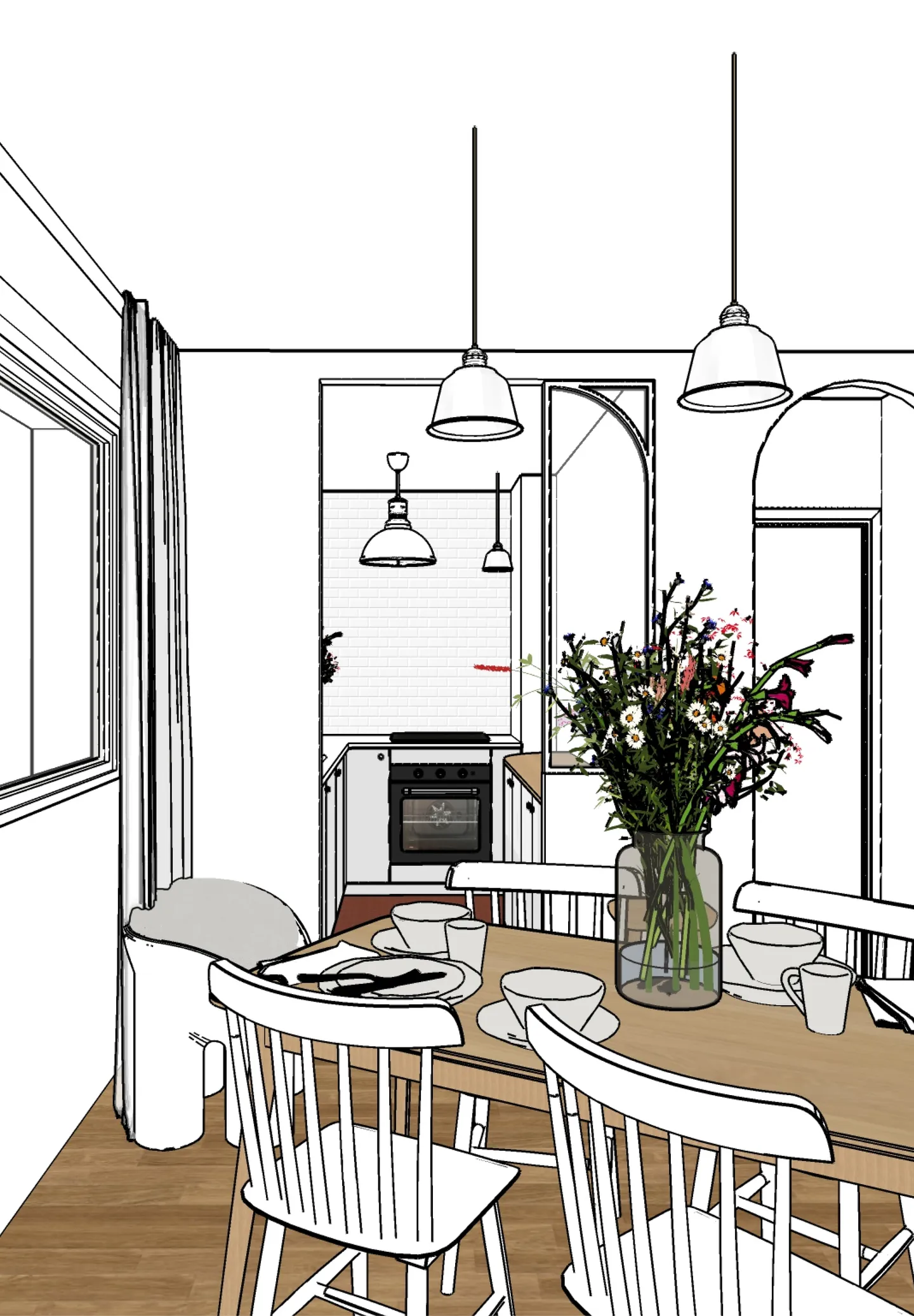 Studio Madame : architecte d’intérieur, Paris et Montmorency
Projet réalisé à Montmorency.
Dessin 3D de l’appartement (vue sur la salle à manger + cuisine) qui permet de visualiser son agencement et les détails qui le composent. La salle à manger est composée d'un ensemble de meubles et accessoires (fauteuil, table, chaises, art de la table, suspensions, etc.) dans des tons de blanc, de beige et de bois (chêne). La cuisine est accessible par un passage sous une verrière. La cuisine est composée de meubles gris clair, d’une faïence métro et d’un sol en tomettes.
Les murs sont peints en blanc et un parquet en chêne tapisse le sol (hors cuisine).