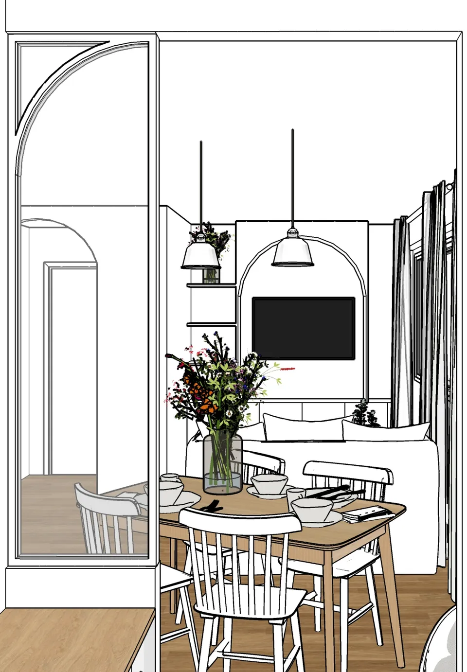 Studio Madame : architecte d’intérieur, Paris et Montmorency
Projet réalisé à Montmorency.
Dessin 3D de l’appartement (vue sur la salle à manger + salon) qui permet de visualiser son agencement et les détails qui le composent. La salle à manger est composée d'un ensemble de meubles et accessoires (fauteuil, table, chaises, art de la table, suspensions, etc.) dans des tons de blanc, de beige et de bois (chêne). Le salon est ouvert sur la salle à manger. Le salon est composé d’un canapé blanc, de doubles rideaux et d’une bibliothèque sur mesure.
Les murs sont peints en blanc et un parquet en chêne tapisse le sol.