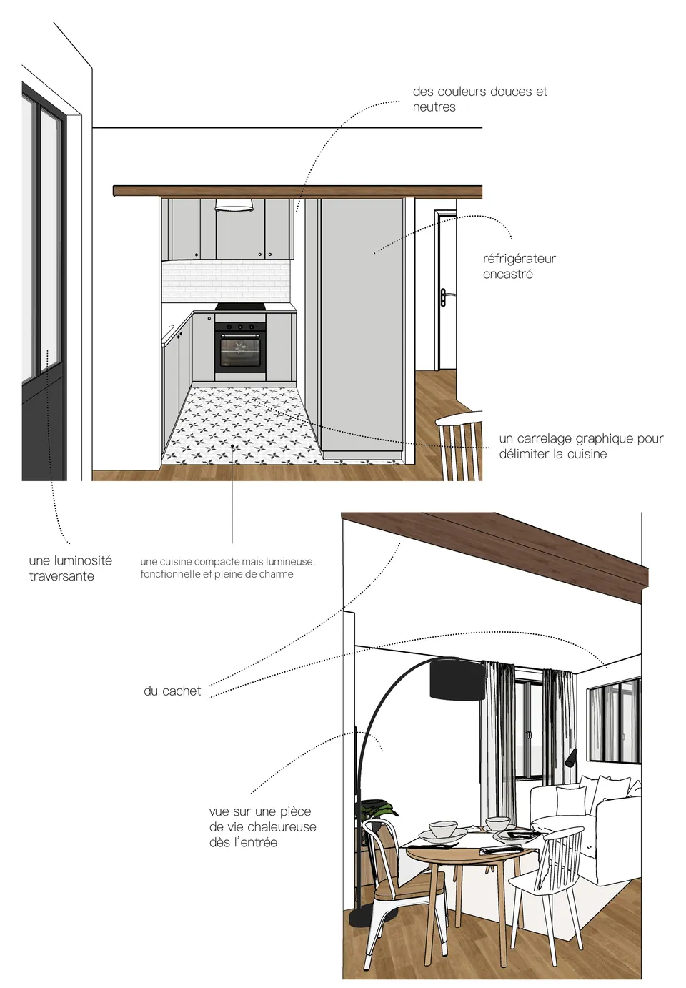 Studio Madame : architecte d’intérieur, Paris et Montmorency
Projet réalisé à Deuil-la-Barre.
Dessins 3D de l’appartement (vue cuisine et salon/salle à manger) qui permettent de visualiser son agencement et les détails qui le composent. La cuisine est habillée de façades gris clair, d’un carrelage métro en crédence et d’un carrelage graphique au sol. Le salon/salle à manger est composé d’un ensemble de meubles (canapé, tapis, meuble TV, chaises, table de salle à manger, etc.) dans des tons de blanc, beige et bois. L’appartement a été travaillé de manière à proposer un design intemporel et pérenne au fur et à mesure que les années passeront.
