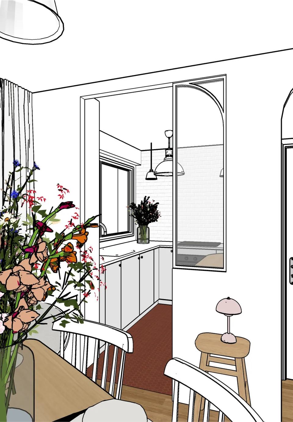 Studio Madame : architecte d’intérieur, Paris et Montmorency
Projet réalisé à Montmorency.
Dessin 3D de l’appartement (vue sur la salle à manger + cuisine) qui permet de visualiser son agencement et les détails qui le composent. La salle à manger est composée d'un ensemble de meubles et accessoires (fauteuil, table, chaises, art de la table, suspensions, etc.) dans des tons de blanc, de beige et de bois (chêne). La cuisine est accessible par un passage sous une verrière. La cuisine est composée de meubles gris clair, d’une faïence métro et d’un sol en tomettes.
Les murs sont peints en blanc et un parquet en chêne tapisse le sol (hors cuisine).