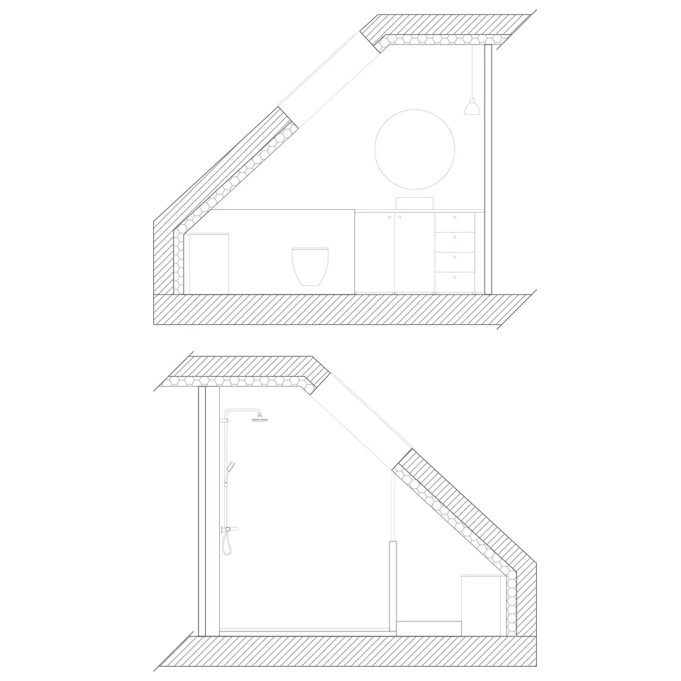 Studio Madame : architecte d’intérieur, Paris et Montmorency
Projet réalisé à Saint-Gratien.
Coupe meublée (noir et blanc) de la salle de bain avec vue sur les deux murs principaux. Sur un des murs, la salle de bain se compose d’un wc suspendu monté sur coffrage, en alignement avec un meuble vasque. Sur l'autre mur principal, se trouvent une grande douche sous pente et un meuble de rangement en partie basse de la sous pente.