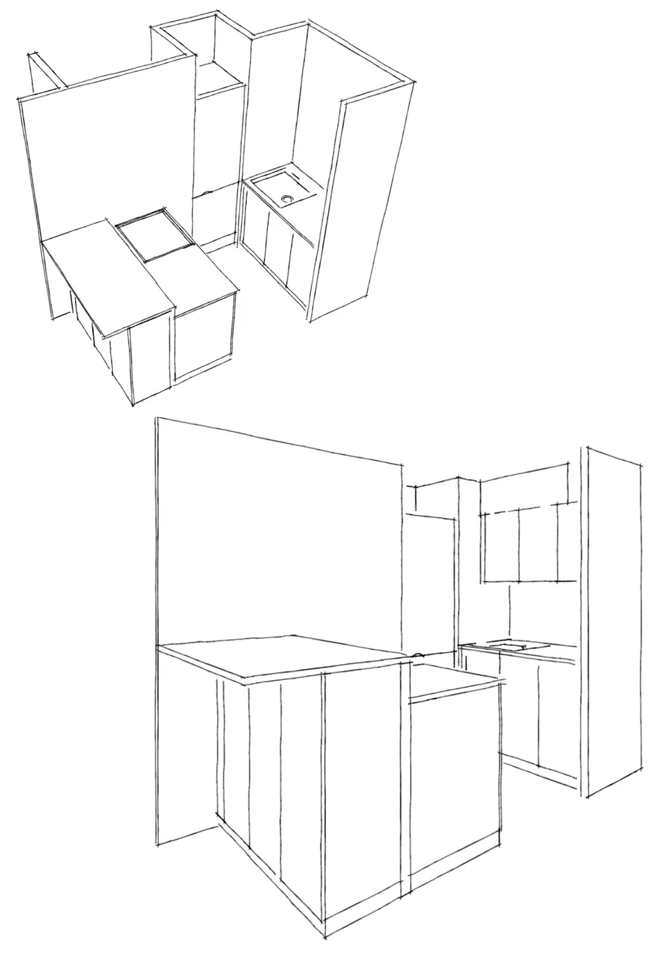 Studio Madame : architecte d’intérieur, Paris et Montmorency
Projet réalisé à Orléans.
Dessins à la main de la cuisine qui permettent de visualiser son agencement et les détails qui la composent. La cuisine est composée de deux petits linéaires positionnés face à face. 
Un espace bar escalade l’un des deux linéaires.