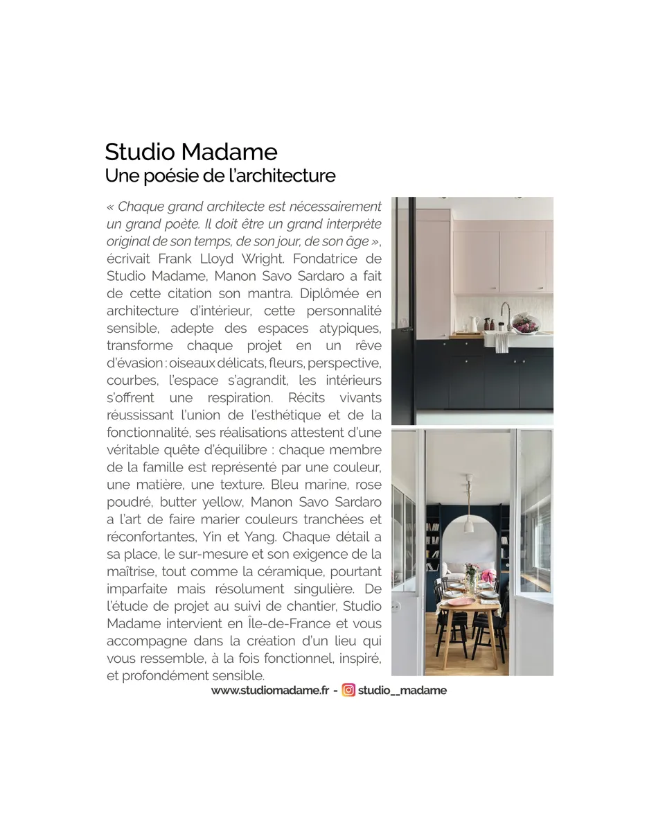Article de presse ELLE DÉCORATION mettant en avant l’agence d’architecture d’intérieur Studio Madame et son architecte d’intérieur Manon Savo-Sardaro.