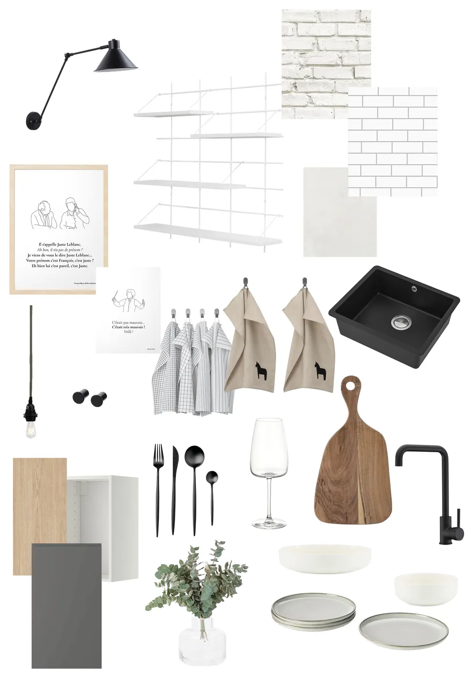 Studio Madame : architecte d’intérieur, Paris et Montmorency
Projet réalisé à Orléans.
Planche mobilier qui illustre l'ensemble des mobiliers et accessoires sélectionnés pour la cuisine. La planche regroupe des tons de blanc, de beige, de gris et de noir. La cuisine s’habille de façades anthracite et de plans de travail blancs. Des accessoires viennent agrémenter la décoration tels que des couverts, des verres, des assiettes, une planche à découper, des torchons, une applique industrielle articulée, etc. Côté matériaux, une faïence métro s’associe à des briques blanches et à un béton ciré.