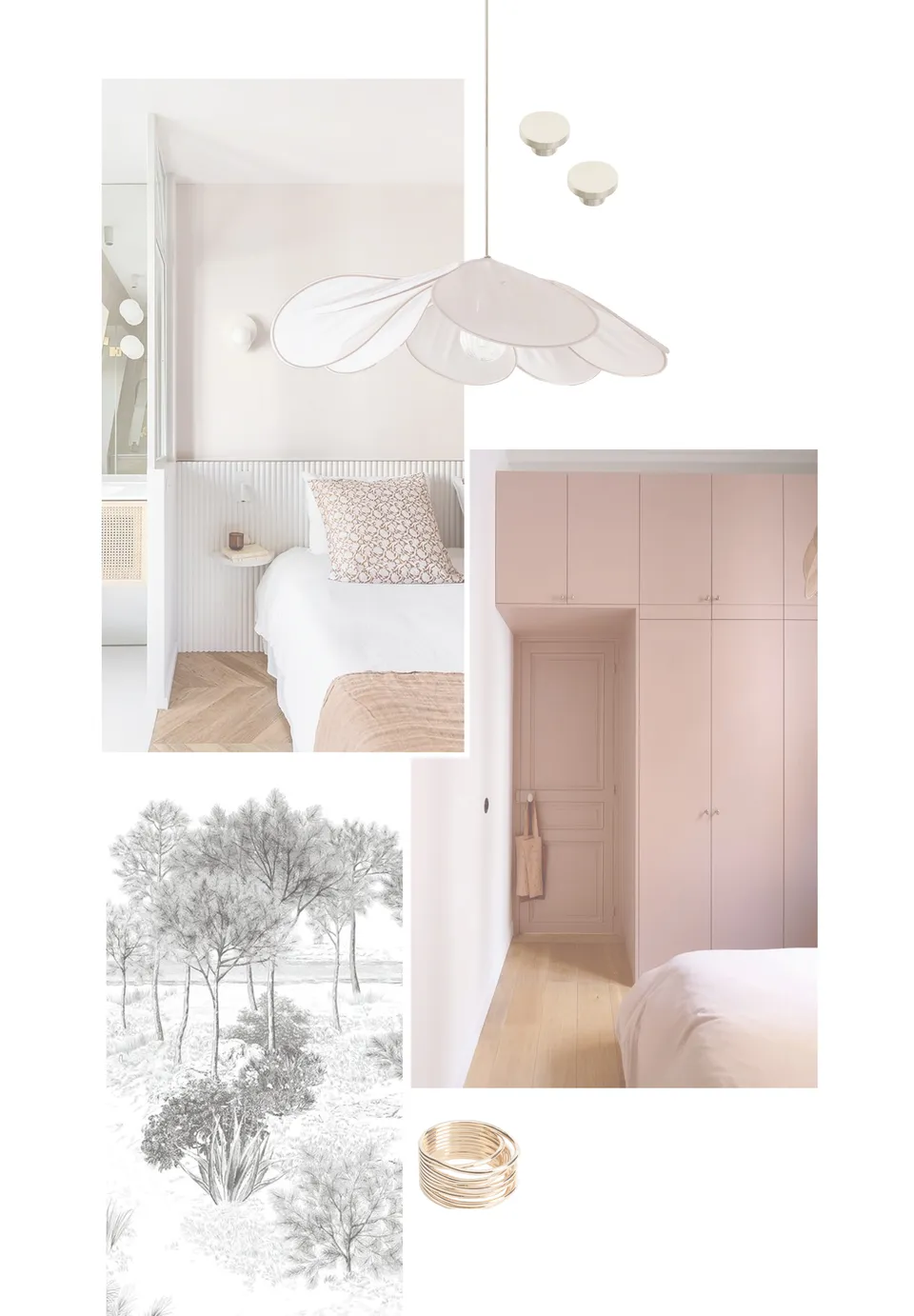 Studio Madame : architecte d’intérieur, Paris et Montmorency
Projet réalisé à Taverny.
Moodboard composé d'images aux tons doux et neutres (beiges, blancs, roses) qui évoquent le projet dans son ensemble. Les images illustrent une à une les éléments suivants : une chambre avec suite parentale dans des tons de blanc, rose et terracotta, une suspension rose poudré en forme de fleur, des boutons de porte en laiton, un dressing rose terracotta réalisé sur mesure incluant un passage avec porte, une fresque en noir et blanc, une bague dorée.