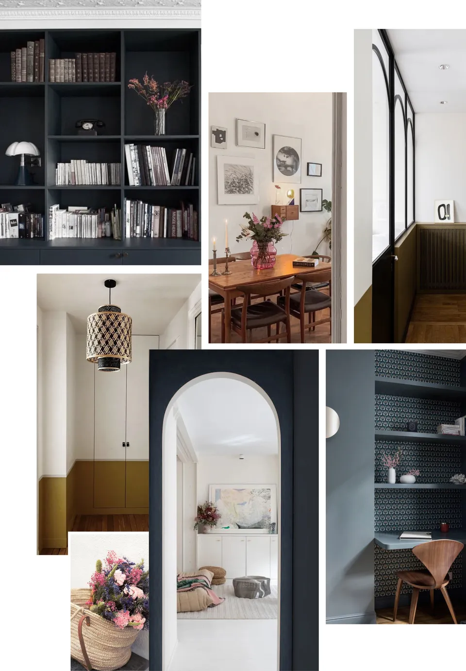 Studio Madame : architecte d’intérieur, Paris et Montmorency
Projet réalisé à Boulogne-Billancourt.
Moodboard composé d'images aux tons doux et de caractère (beiges, blancs, bleus, ocres, roses) qui évoquent le projet dans son ensemble. Les images illustrent une à une les éléments suivants : une bibliothèque sur mesure de couleur bleu nuit, une salle à manger dans des tons de blanc, beige, rose et bois (noyer), un couloir blanc et ocre rehaussé par des verrières et menuiseries noires, un placard sur mesure bicolore (blanc et ocre), un panier en osier rempli de fleurs séchées dans des tons de rose et violet, un couloir avec passage en arche bleu nuit, un bureau sur mesure bleu paon niché dans un recoin.