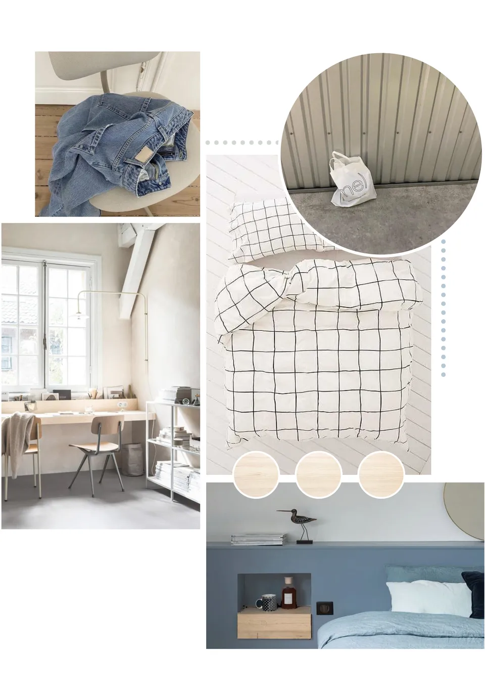Studio Madame : architecte d’intérieur, Paris et Montmorency
Projet réalisé à Saint-Gratien.
Planche d'inspiration composée d'images aux tons doux et neutres (beiges, blancs, gris, bleus, verts) qui évoquent le projet dans son ensemble. Les images illustrent une à une les éléments suivants : un jean posé sur une chaise, un sac posé contre un mur vert sauge, un lit recouvert d’une parure à carreaux, un bureau de type industriel-scandinave devant une grande fenêtre, du bois clair type frêne, une tête de lit sur mesure bleu foncé.