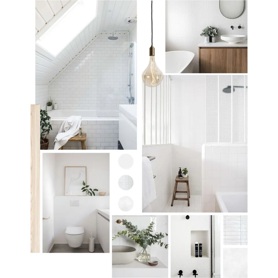 Studio Madame : architecte d’intérieur, Paris et Montmorency
Projet réalisé à Saint-Gratien.
Moodboard composé d'images aux tons doux et neutres (beiges, blancs, bruns, noirs) qui évoquent le projet dans son ensemble. Les images illustrent une à une les éléments suivants : une baignoire sous pente recouverte de carreaux de métro, une suspension ampoule à filaments, une salle de bain moderne composée d’une mosaïque au mur à puces rondes avec baignoire îlot et meuble vasque bois et blanc, une salle de bain avec espace douche séparé par une verrière et recouvert de carreaux carrés blancs, un wc suspendu monté sur un coffrage, une vasque en béton, une niche de douche recouverte d’une mosaïque à puces rondes, une faïence artisanale blanche, un béton ciré blanc.
