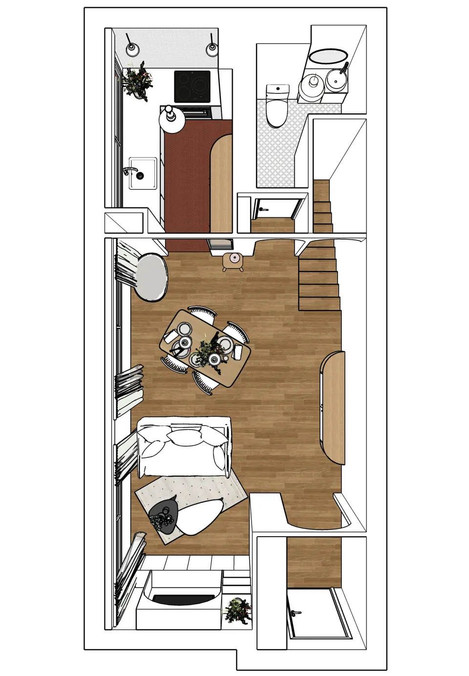 Studio Madame : architecte d’intérieur, Paris et Montmorency
Projet réalisé à Montmorency.
Plan meublé en perspective (couleurs) de l’appartement (RDC) comprenant l’entrée, le salon/salle à manger, la cuisine, les WC.