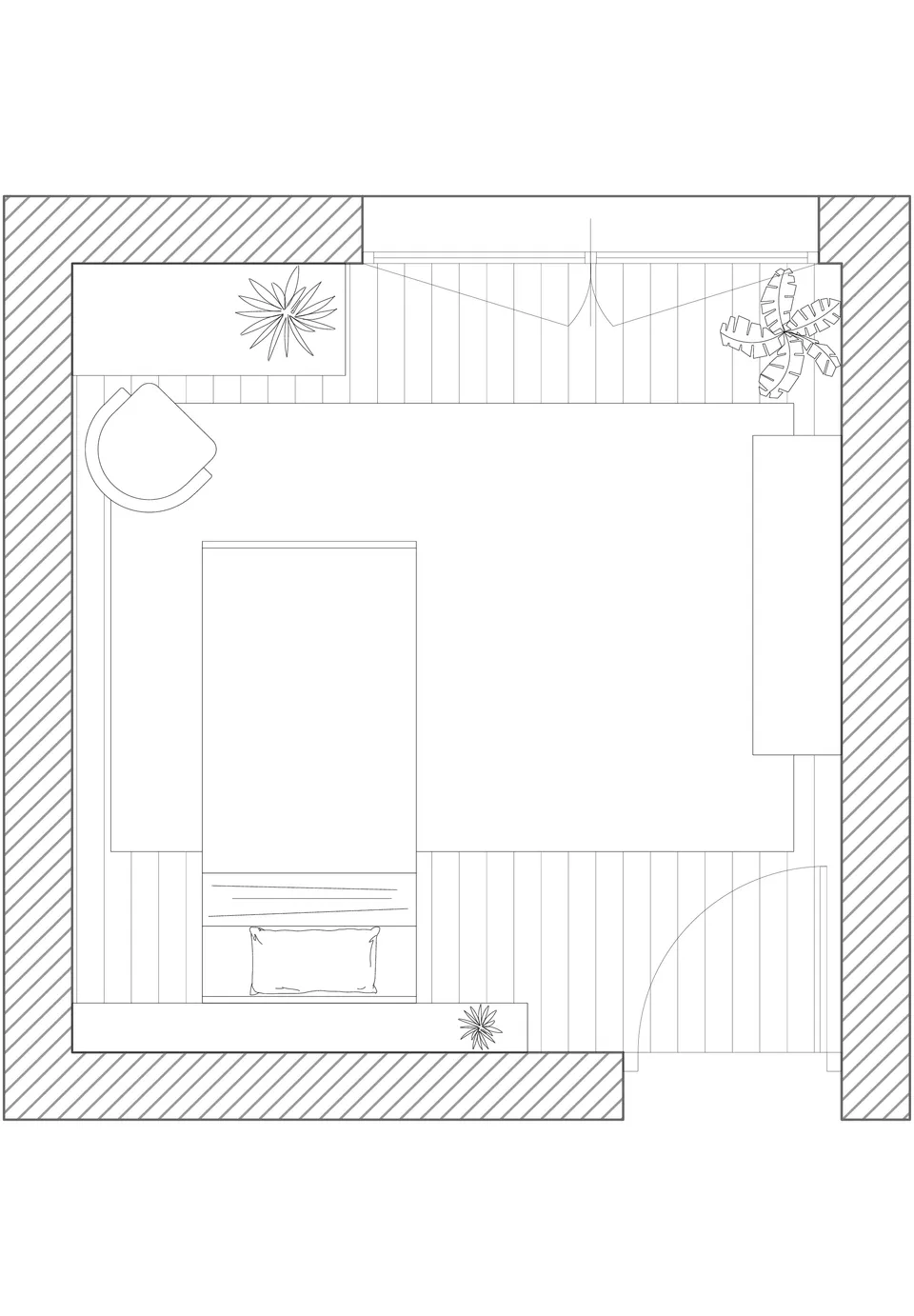 Studio Madame : architecte d’intérieur, Paris et Montmorency
Projet réalisé à Saint-Gratien.
Plan meublé de la chambre comprenant le coin nuit (lit, tête de lit), le coin bureau et l’espace rangement.